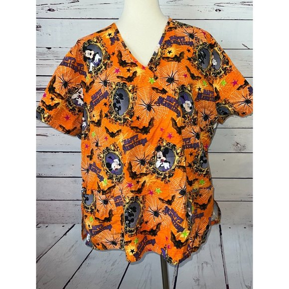 Disney Scrub Top‎ Happy Halloween Plus size 3X 3XL Vneck Mickey Mouse Shirt - Picture 1 of 9
